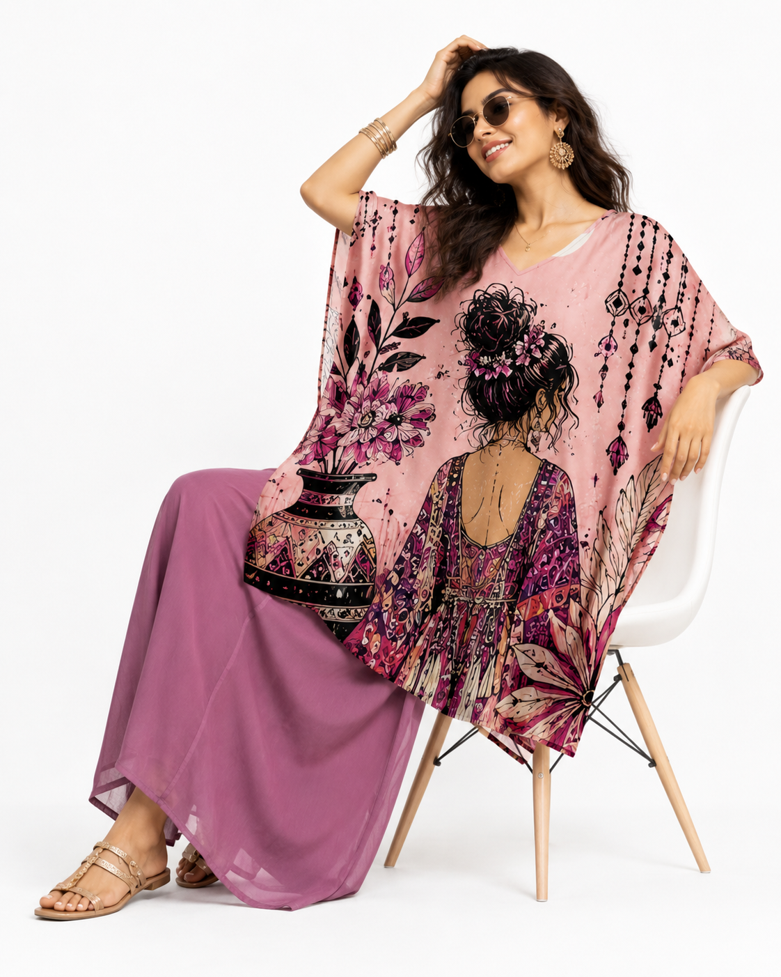 Rose Pink Bohemian Art Kaftan Midi Dress for Women - Western Wear - close-up detail view | Qikink