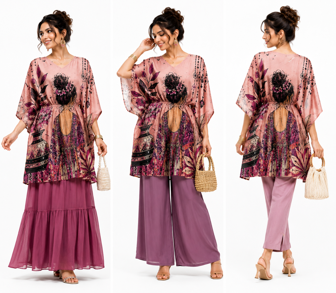 Rose Pink Bohemian Art Kaftan Midi Dress for Women - Western Wear - back view | Qikink
