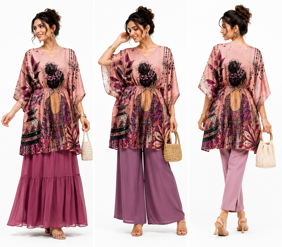Rose Pink Bohemian Art Kaftan Midi Dress for Women - Western Wear - back view | Qikink