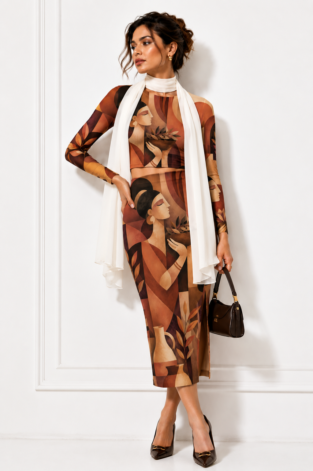 Terracotta Muse Geometric Art Full-Sleeve Crop Top & Pencil Skirt Co-Ord Combo Set for Women