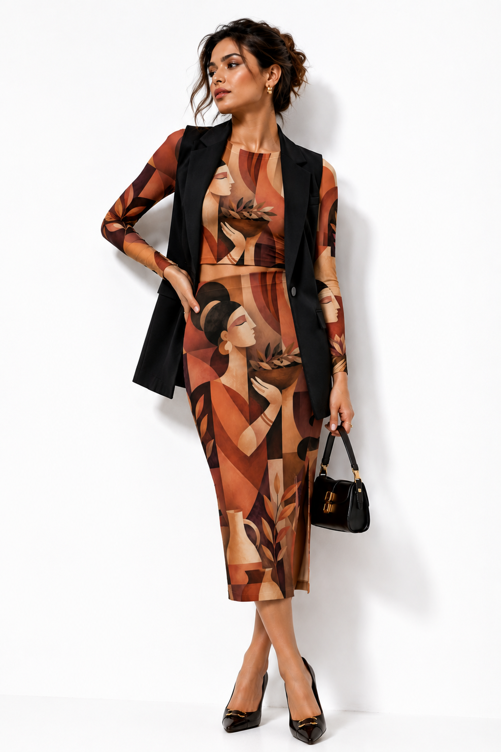 Terracotta Muse Geometric Art Full-Sleeve Crop Top & Pencil Skirt Co-Ord Combo Set for Women