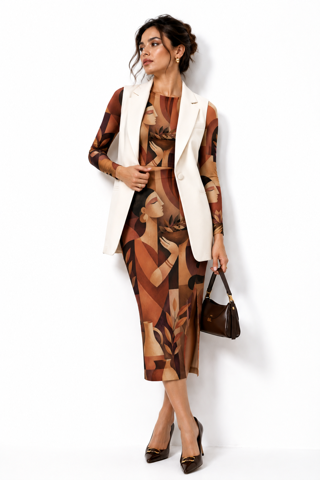 Terracotta Muse Geometric Art Full-Sleeve Crop Top & Pencil Skirt Co-Ord Combo Set for Women