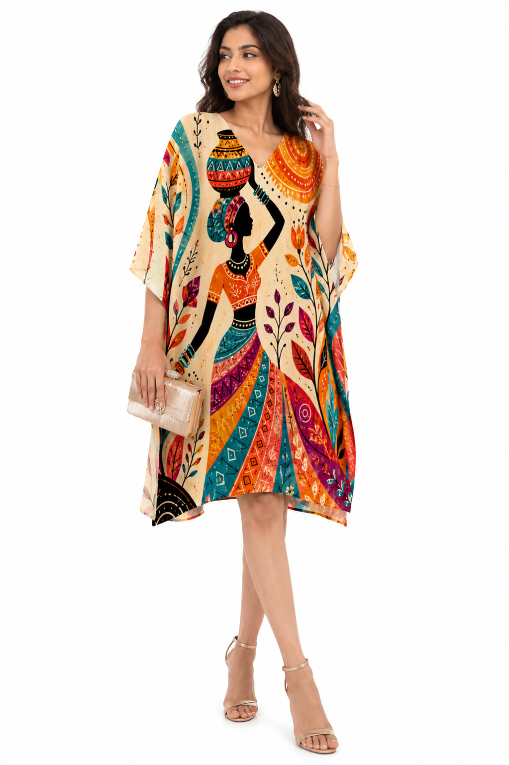 Women’s Multicolour Ethnic Tribal Art print Short Kaftan Midi Dress | V-Neck Kimono Sleeve Tunic Dress with Hidden Waist Belt |Standalone Dress or Paired with Pants |  Stylish Casual & Outing Wear