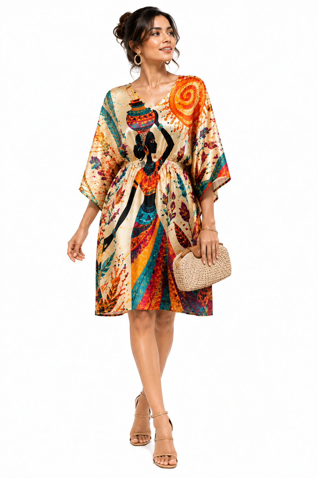 Women’s Multicolour Ethnic Tribal Art print Short Kaftan Midi Dress | V-Neck Kimono Sleeve Tunic Dress with Hidden Waist Belt |Standalone Dress or Paired with Pants |  Stylish Casual & Outing Wear