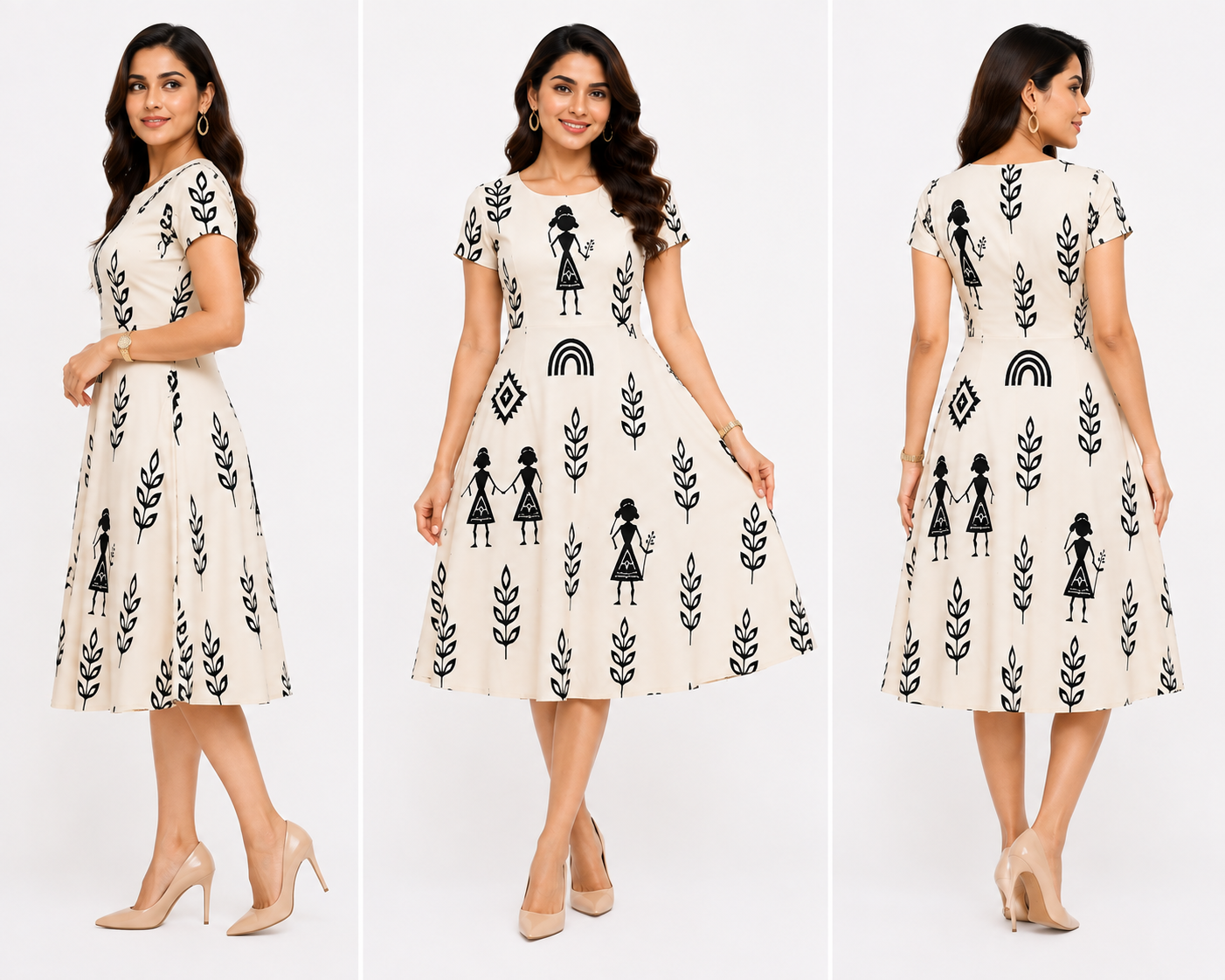 Warli Art Inspired Ivory A-Line Dress/Kurti – Black Folk Print | Polyspandex Blend