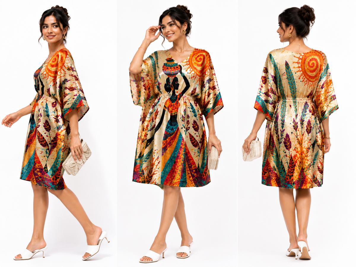 Women’s Multicolour Ethnic Tribal Art print Short Kaftan Midi Dress | V-Neck Kimono Sleeve Tunic Dress with Hidden Waist Belt |Standalone Dress or Paired with Pants |  Stylish Casual & Outing Wear