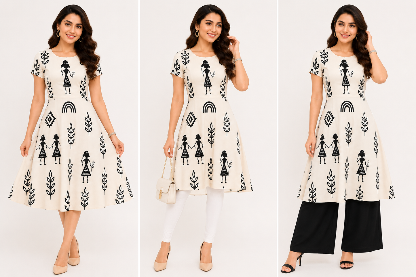 Warli Art Inspired Ivory A-Line Dress/Kurti – Black Folk Print | Polyspandex Blend