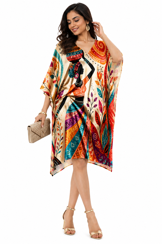 Women’s Multicolour Ethnic Tribal Art print Short Kaftan Midi Dress | V-Neck Kimono Sleeve Tunic Dress with Hidden Waist Belt |Standalone Dress or Paired with Pants |  Stylish Casual & Outing Wear