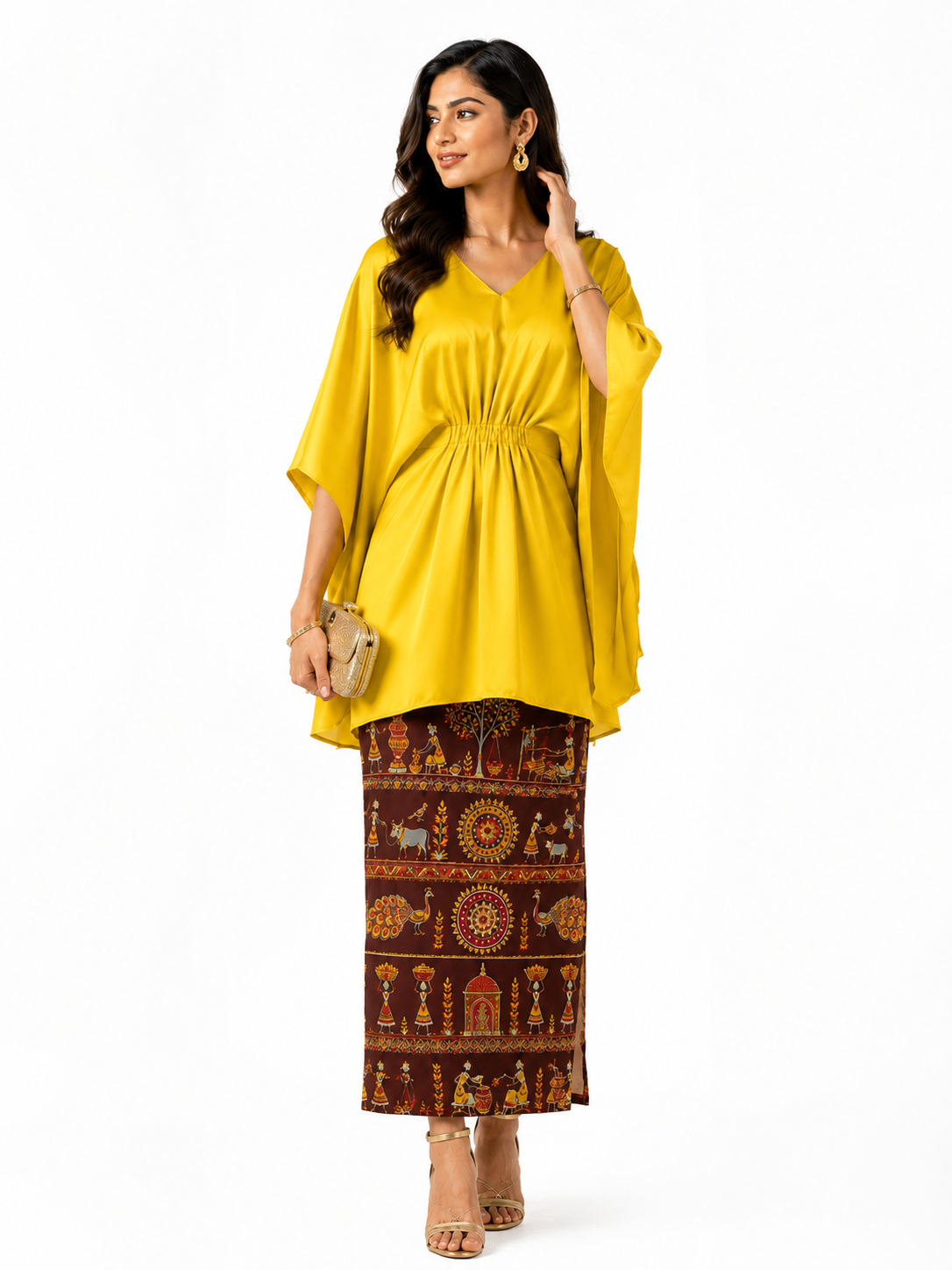 Short Kaftan Dress & Warli Art Pencil Skirt Set - Western Wear - front view | Qikink