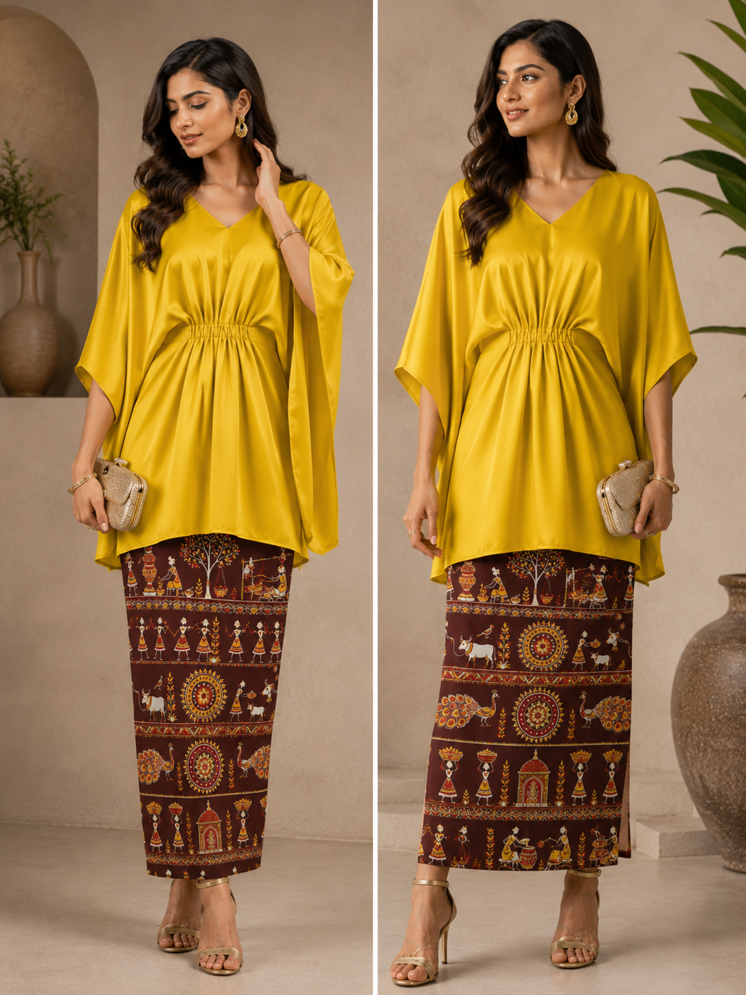 Short Kaftan Dress & Warli Art Pencil Skirt Set - Western Wear - styled full look | Qikink