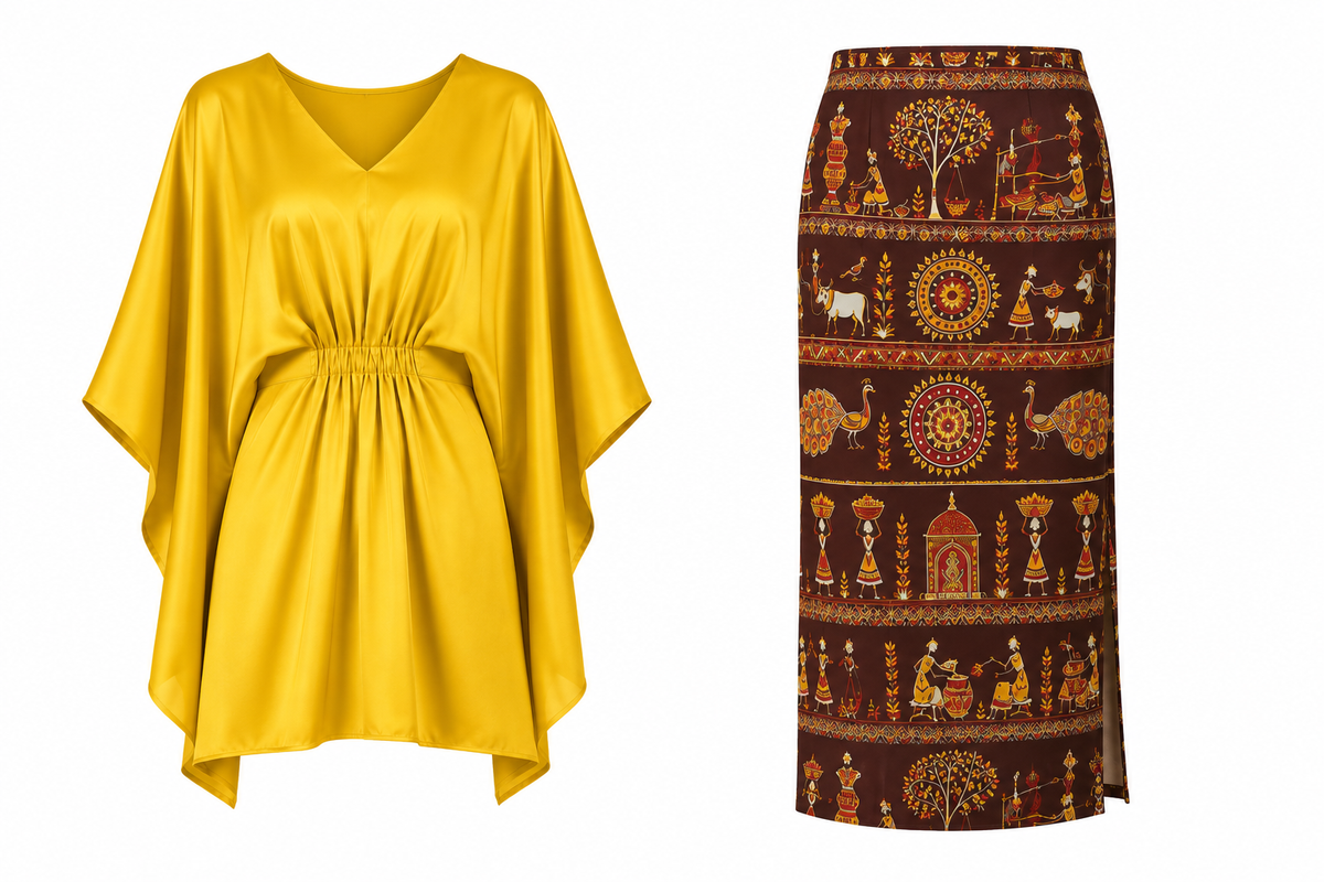 Short Kaftan Dress & Warli Art Pencil Skirt Set - Western Wear - back view | Qikink
