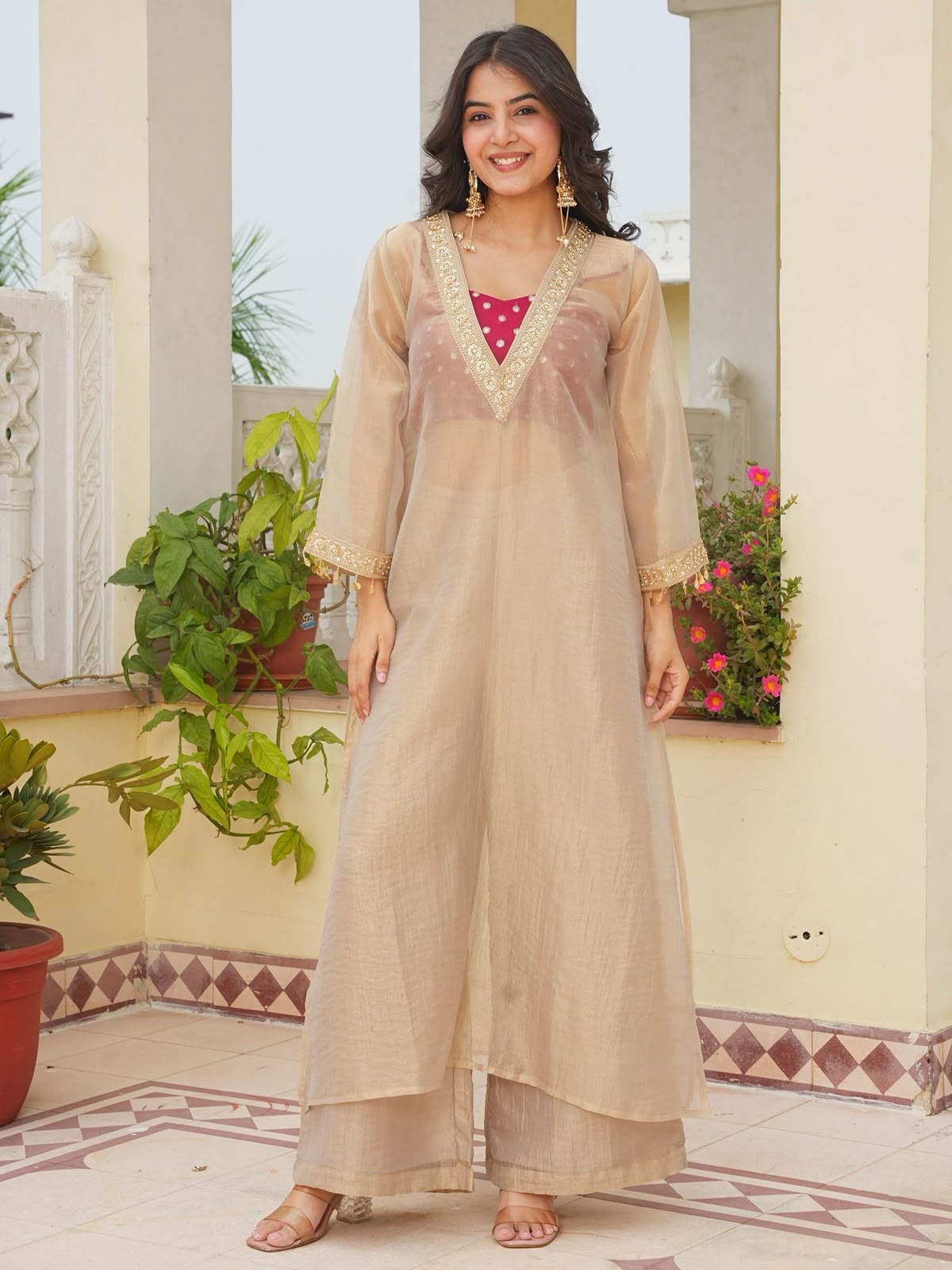 Golden Tissue Salsa Designer Party Wear Three Piece Kurta Set - close-up detail view | Nardev Fashions