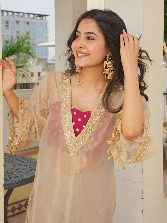 Golden Tissue Salsa Designer Party Wear Three Piece Kurta Set - front view | Nardev Fashions