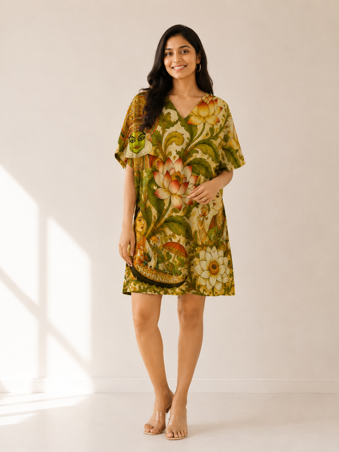 Kerala Kathakali Mural Art Kaftan Midi Dress for Women - Western Wear - back view | Qikink