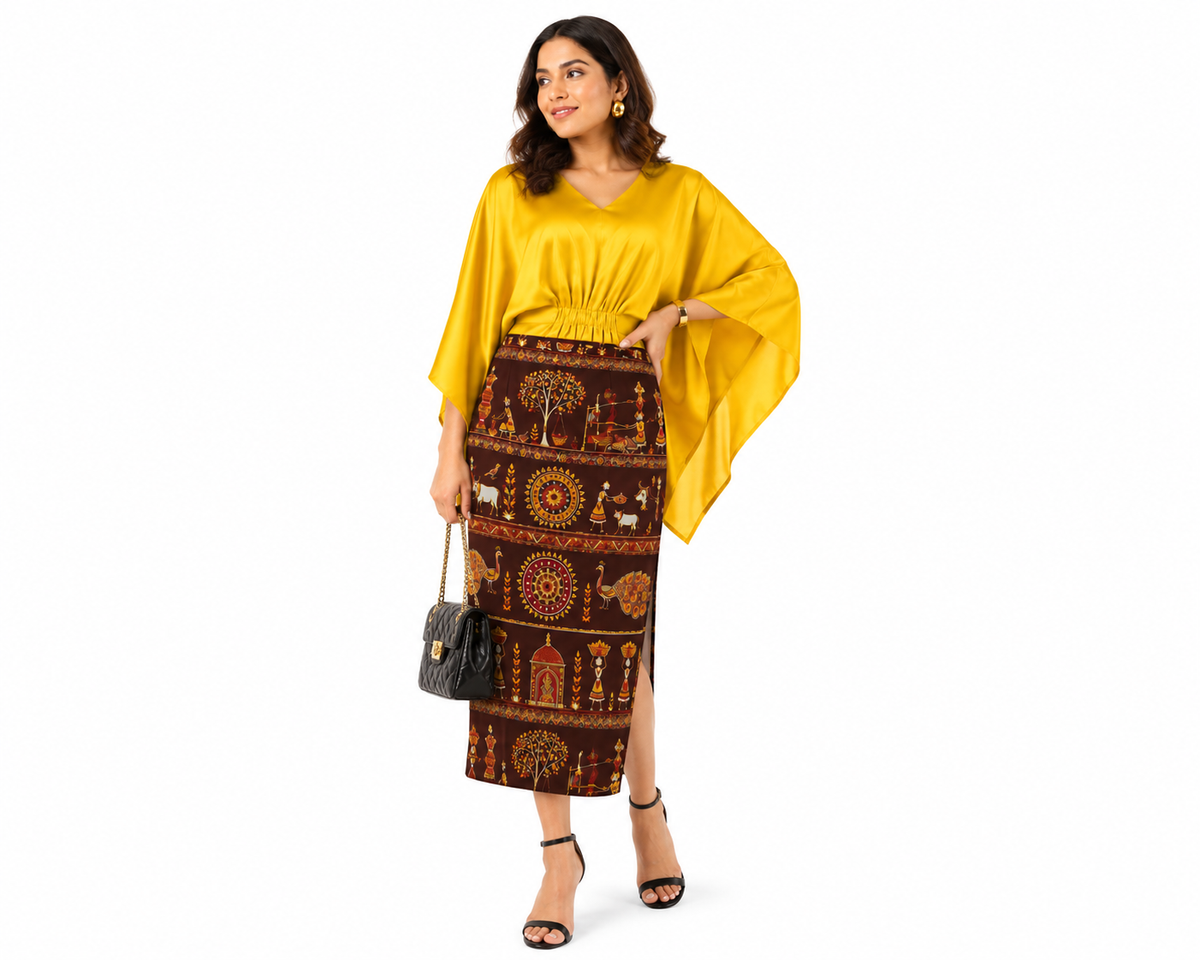 Short Kaftan Dress & Warli Art Pencil Skirt Set - Western Wear - close-up detail view | Qikink