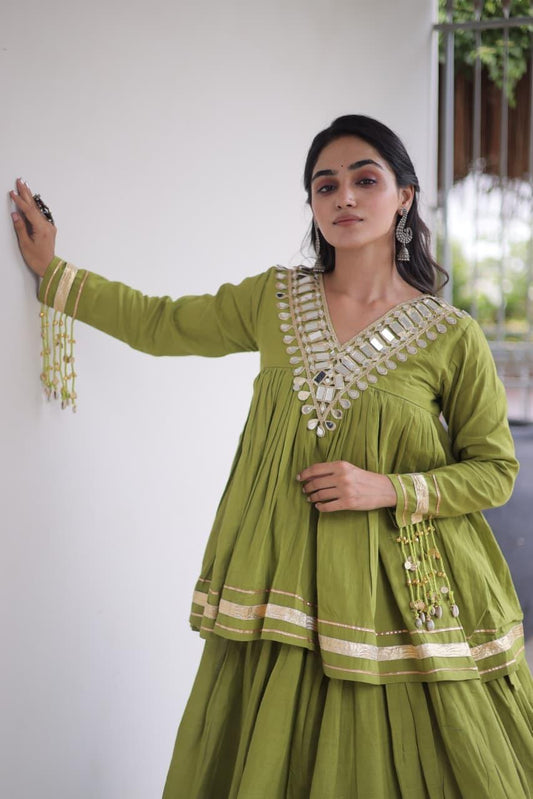 Olive Green Mirror Work Kora Cotton Lehenga with Long Blouse - Western Wear - front view | Nardev Fashions