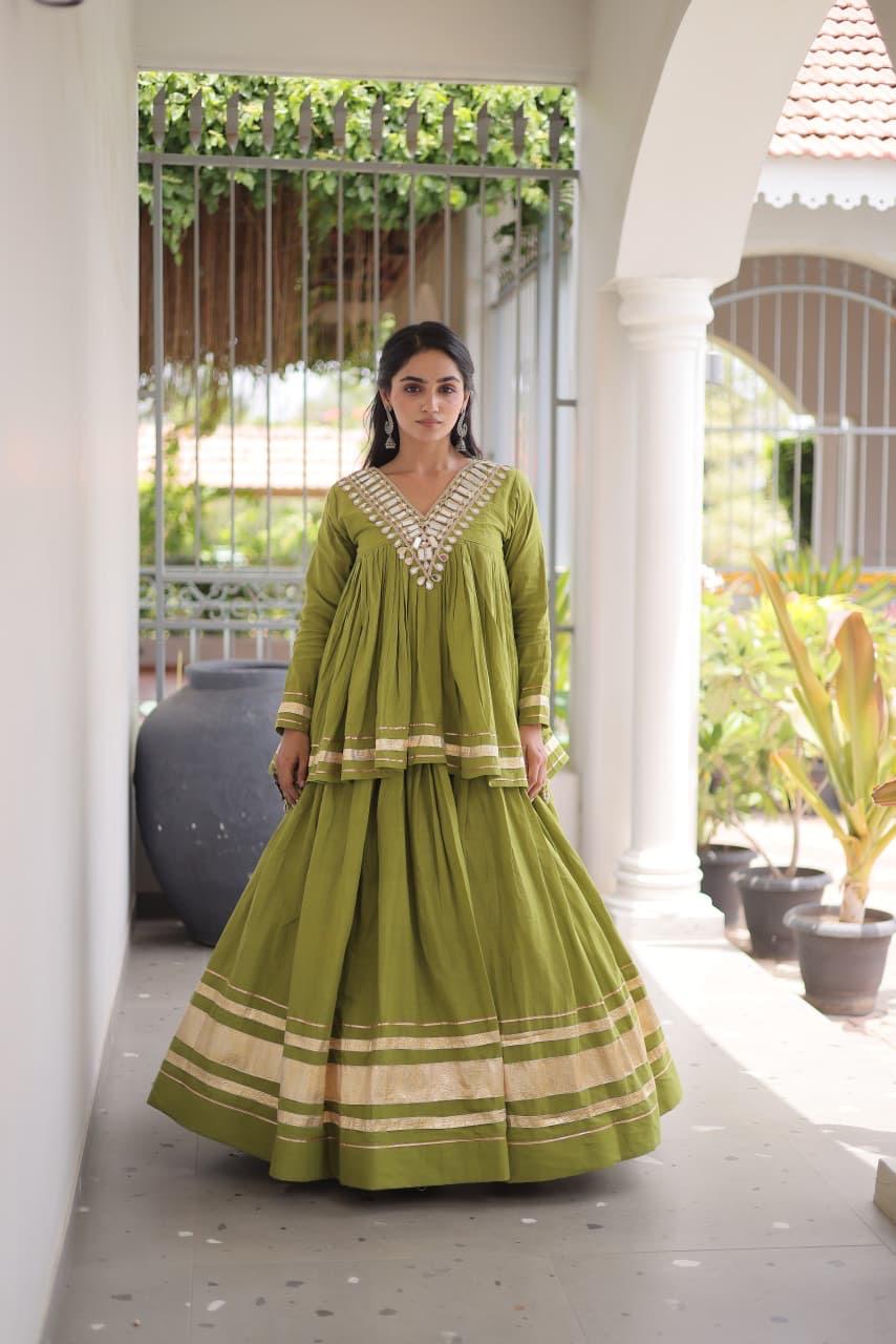 Olive Green Mirror Work Kora Cotton Lehenga with Long Blouse - Western Wear - close-up detail view | Nardev Fashions