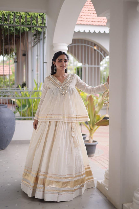 Ivory & Gold Mirror Work Kora Cotton Lehenga with Long Blouse - Western Wear - front view | Nardev Fashions