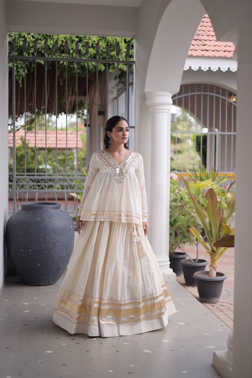 Ivory & Gold Mirror Work Kora Cotton Lehenga with Long Blouse - Western Wear - close-up detail view | Nardev Fashions