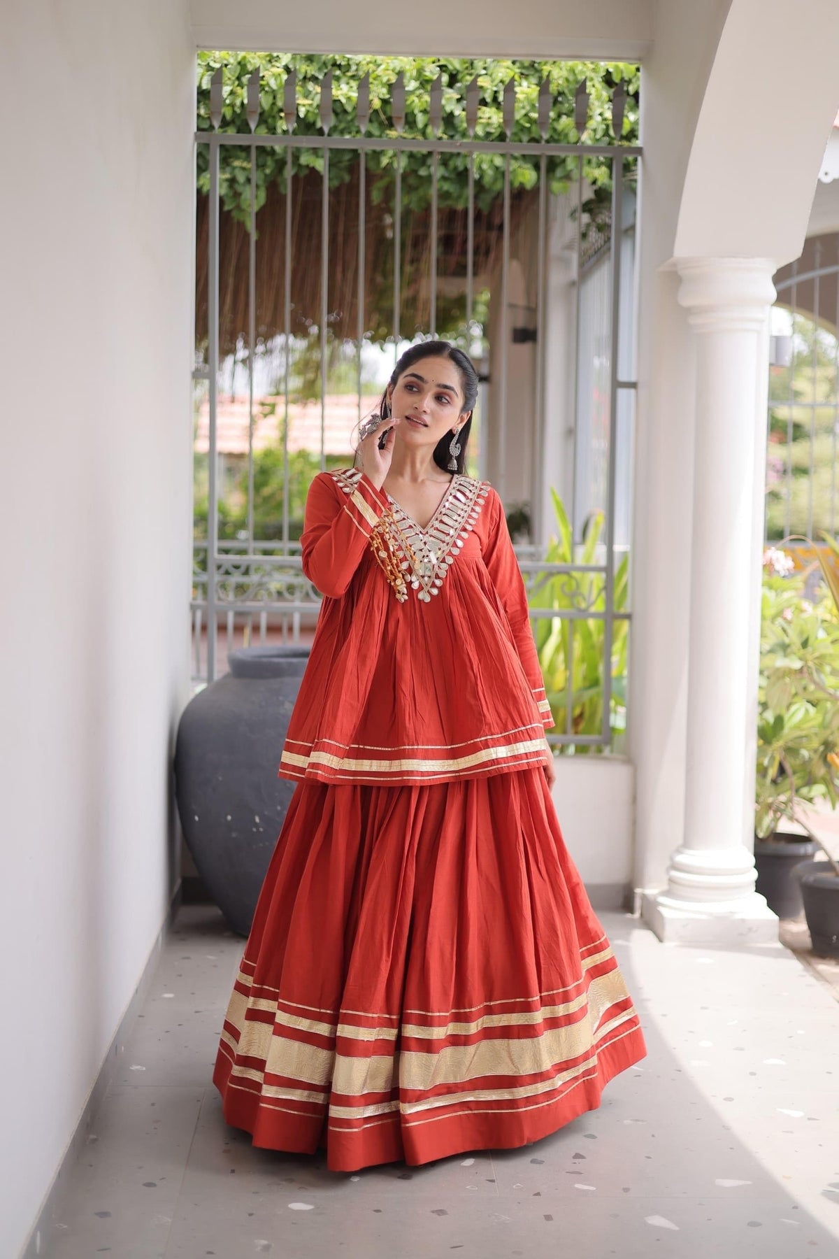 Brick Red & Gold Mirror Work Kora Cotton Lehenga with Long Blouse - Western Wear - front view | Nardev Fashions