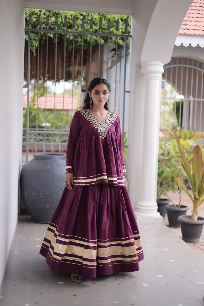 Deep Wine & Gold Mirror Work Kora Cotton Lehenga with Long Blouse - Western Wear - front view | Nardev Fashions