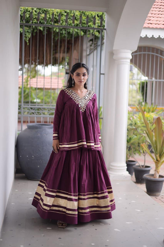 Deep Wine & Gold Mirror Work Kora Cotton Lehenga with Long Blouse - Western Wear - front view | Nardev Fashions