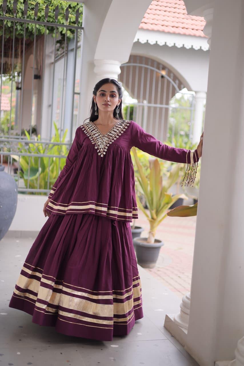 Deep Wine & Gold Mirror Work Kora Cotton Lehenga with Long Blouse - Western Wear - close-up detail view | Nardev Fashions