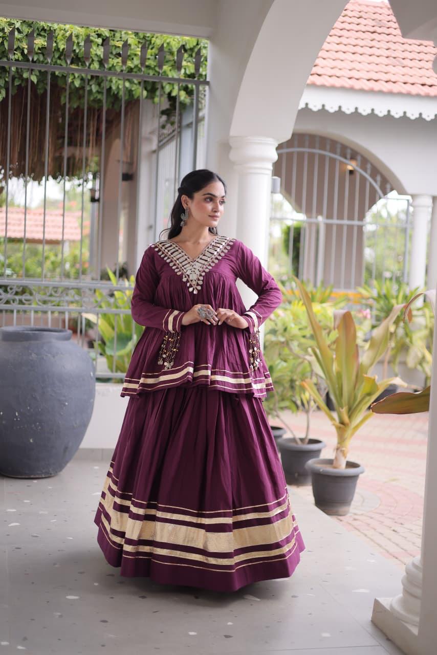 Deep Wine & Gold Mirror Work Kora Cotton Lehenga with Long Blouse - Western Wear - back view | Nardev Fashions