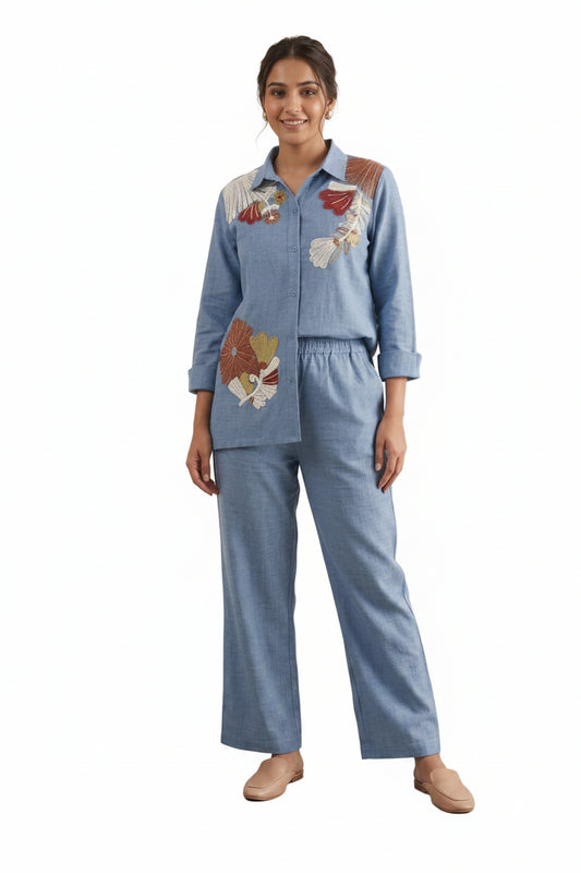 Designer Sequence Embroidered Cotton Denim Co-ord Set - front view | Nardev Fashions