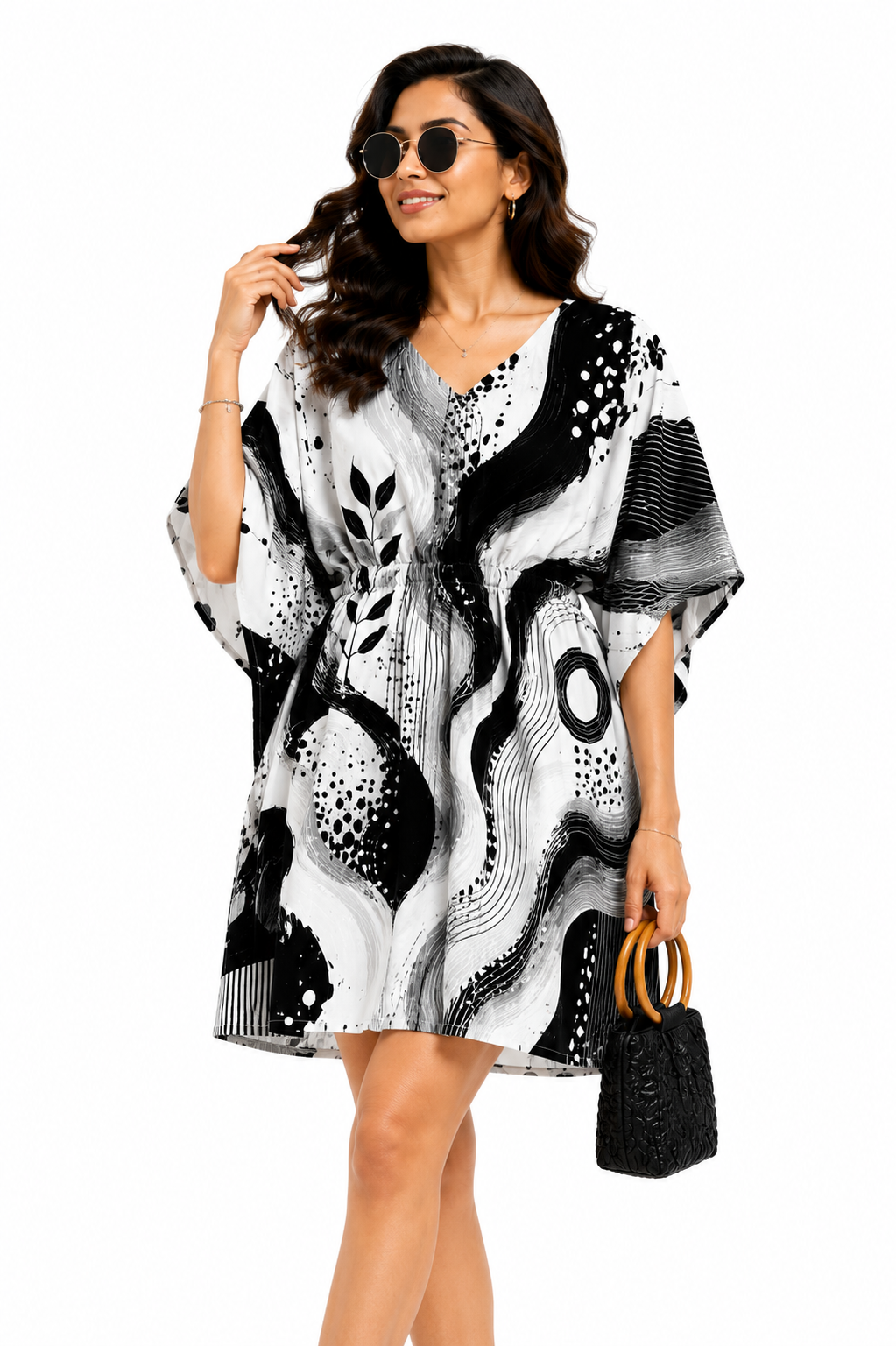 Black & White Abstract Print Kaftan Midi Dress for Women - Western Wear - close-up detail view | Qikink
