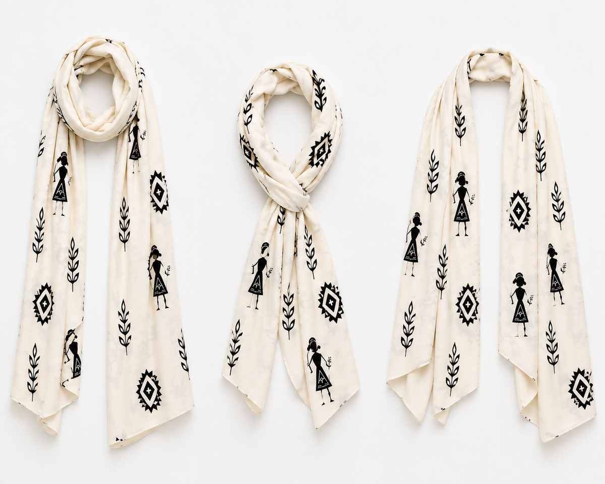 Warli Art Inspired Ivory & Black Polyspandex Stole