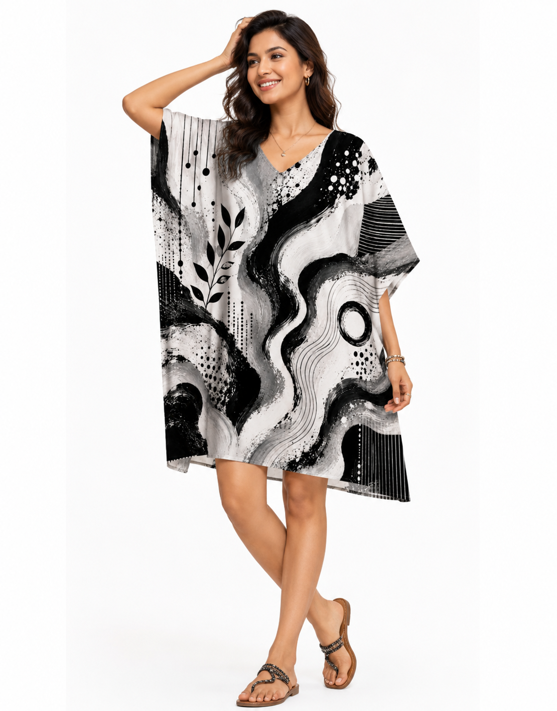 Black & White Abstract Print Kaftan Midi Dress for Women - Western Wear - fabric and print close-up | Qikink