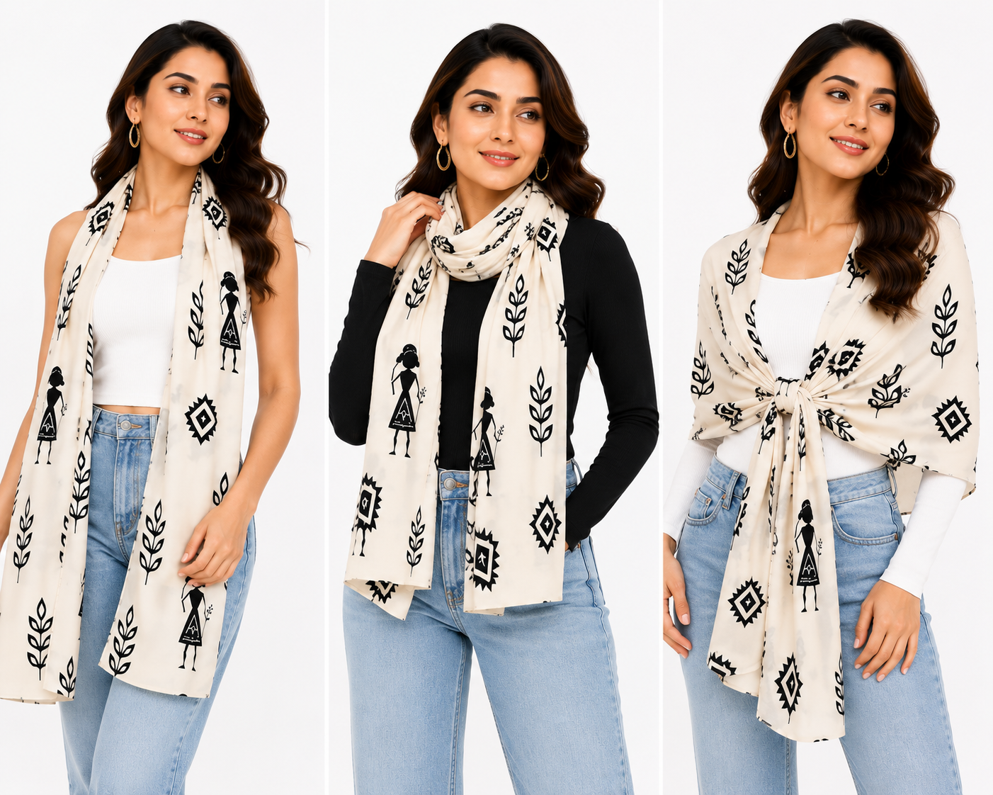 Warli Art Inspired Ivory & Black Polyspandex Stole