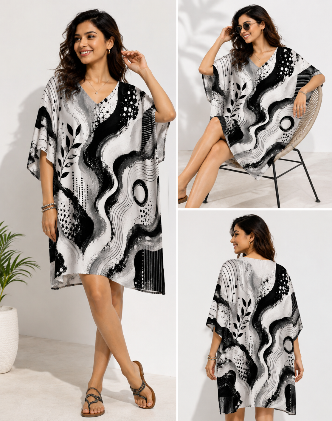 Black & White Abstract Print Kaftan Midi Dress for Women - Western Wear - model wearing | Qikink