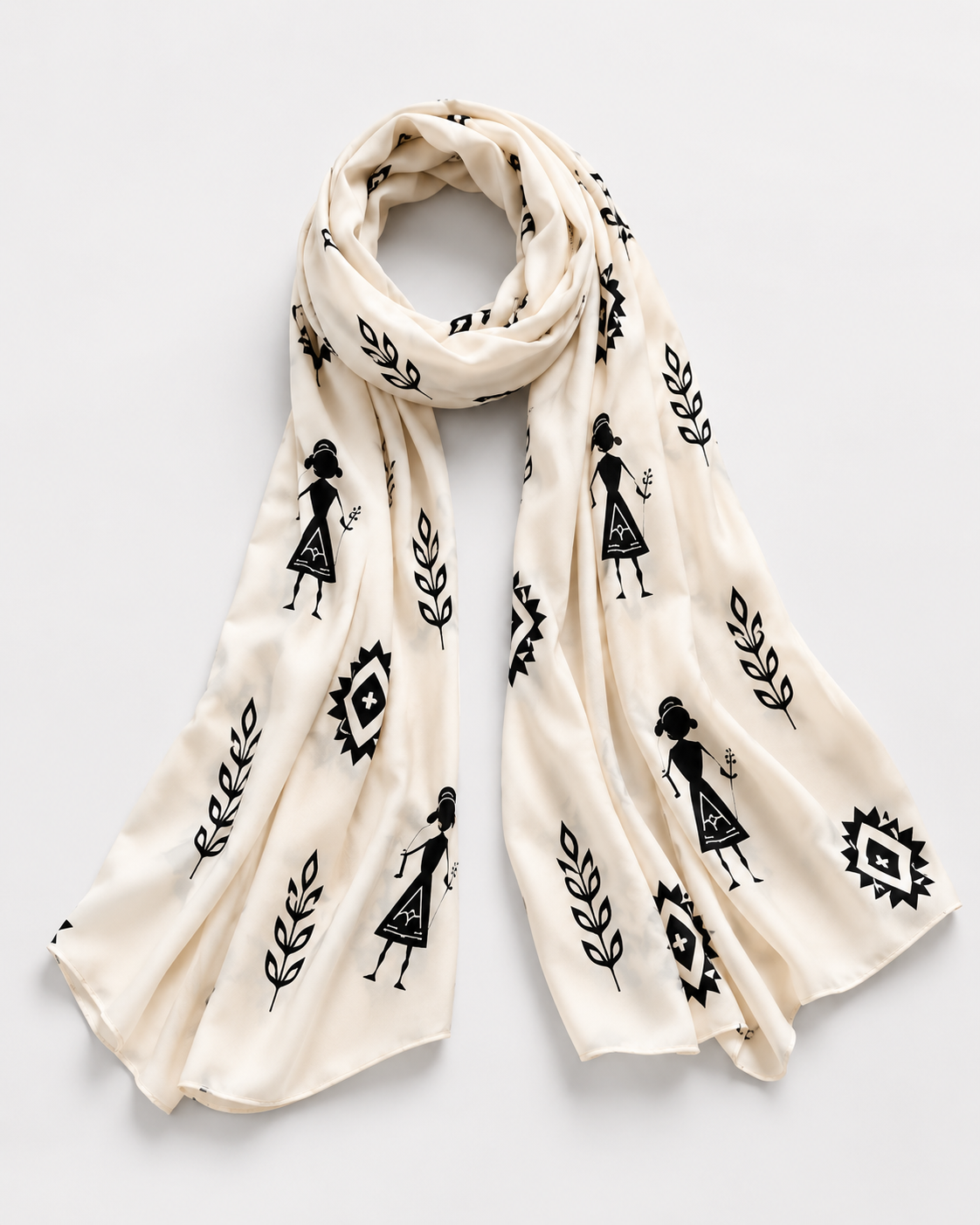 Warli Art Inspired Ivory & Black Polyspandex Stole