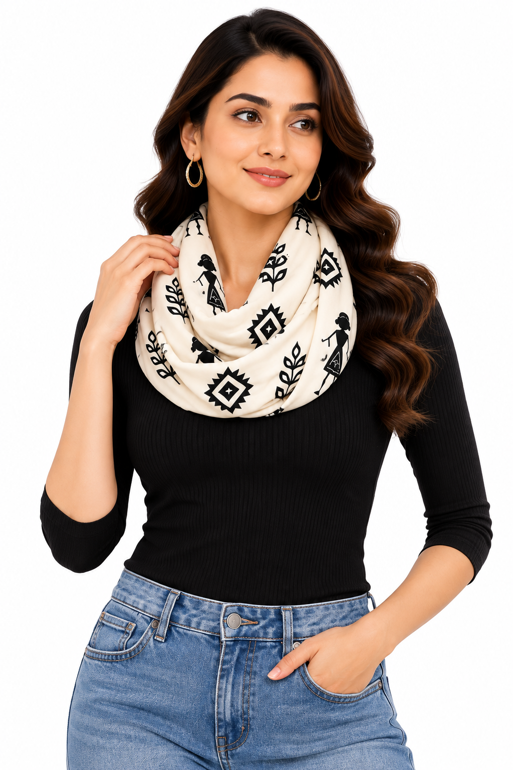 Warli Art Inspired Ivory & Black Polyspandex Stole