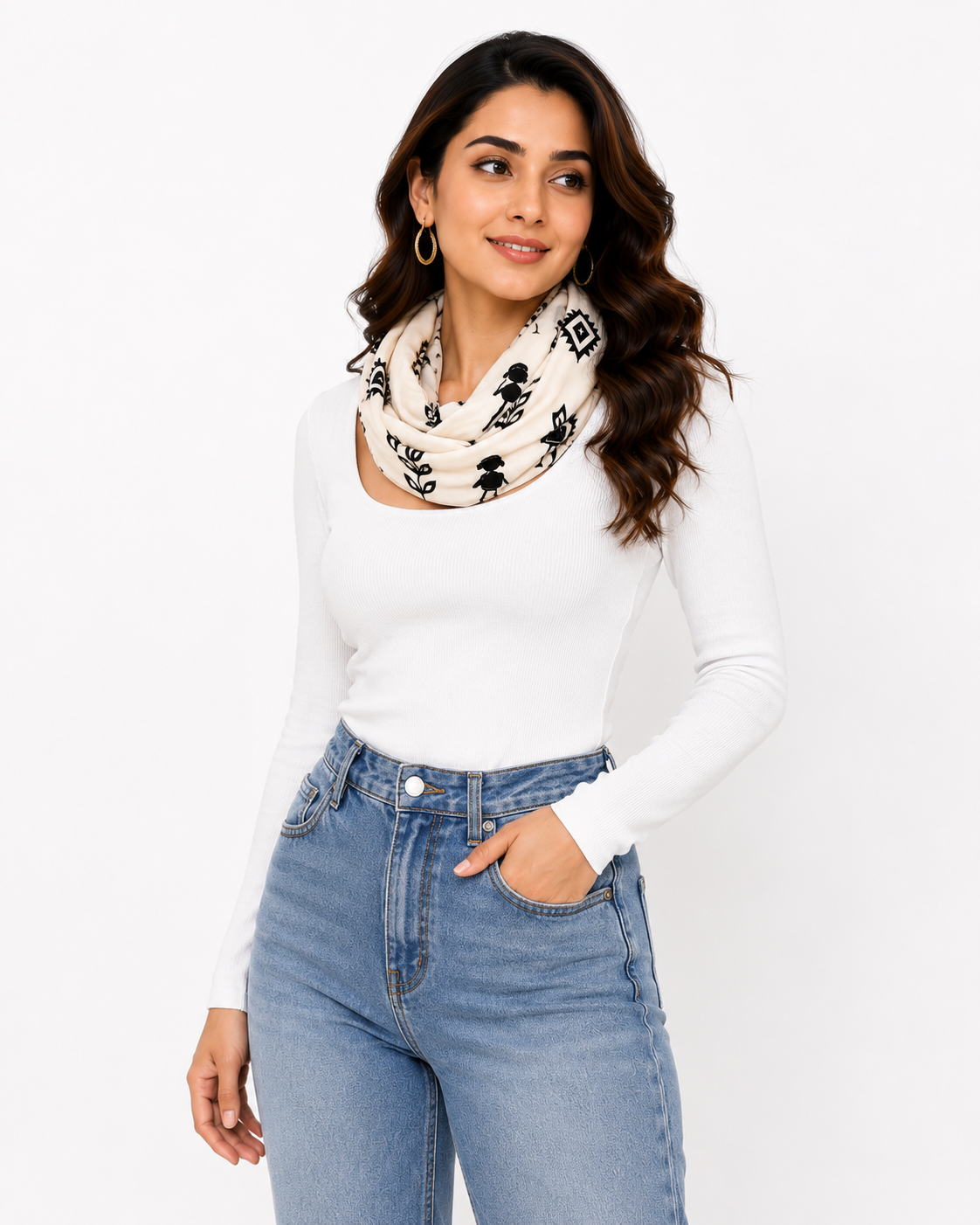 Warli Art Inspired Ivory & Black Polyspandex Stole