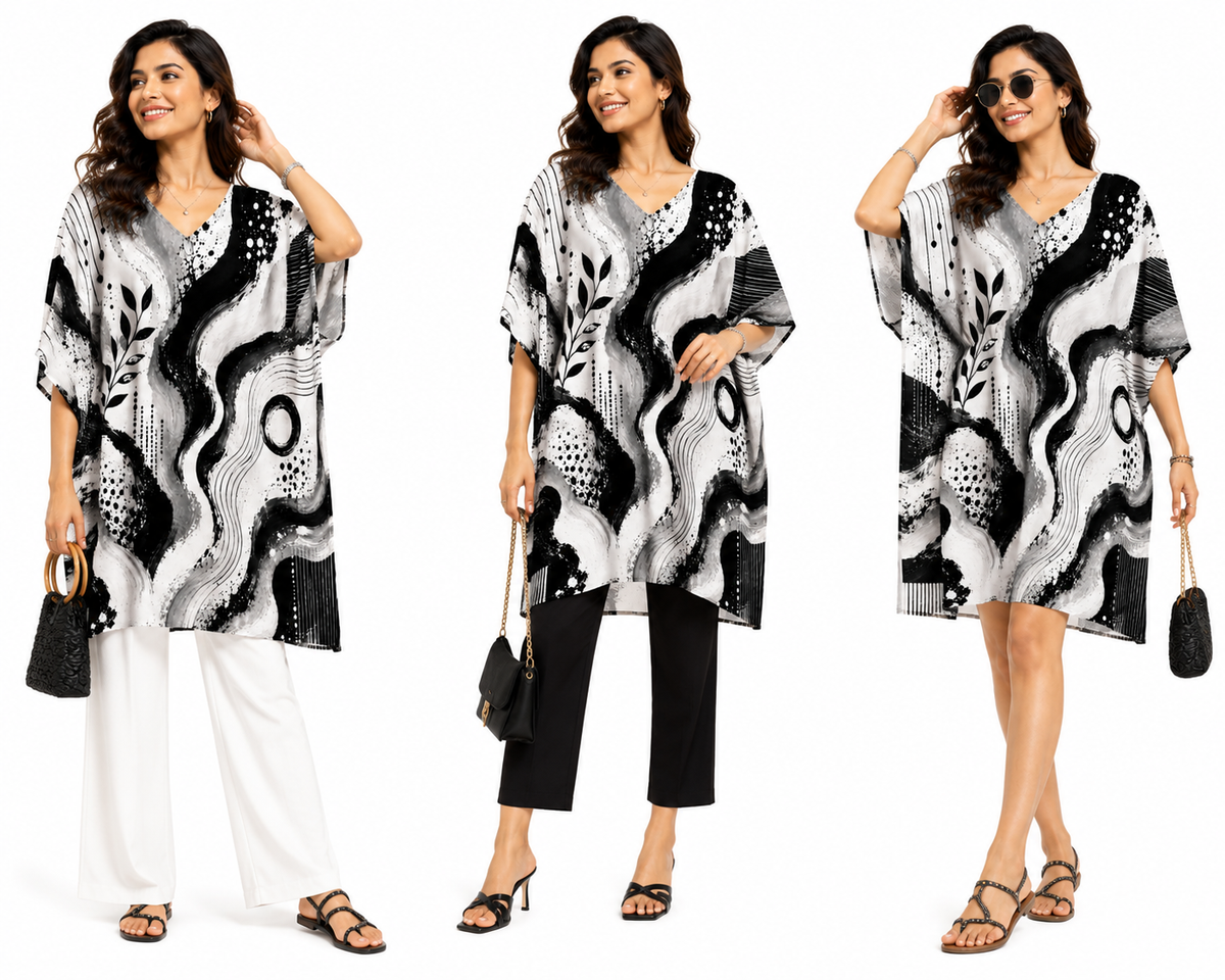 Black & White Abstract Print Kaftan Midi Dress for Women - Western Wear - styled full look | Qikink