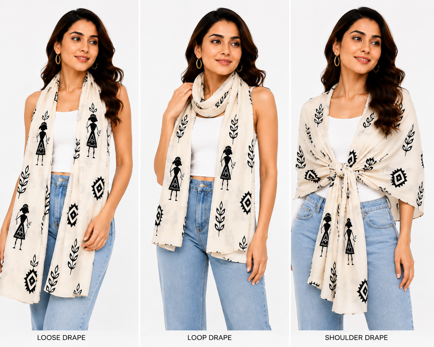 Warli Art Inspired Ivory & Black Polyspandex Stole