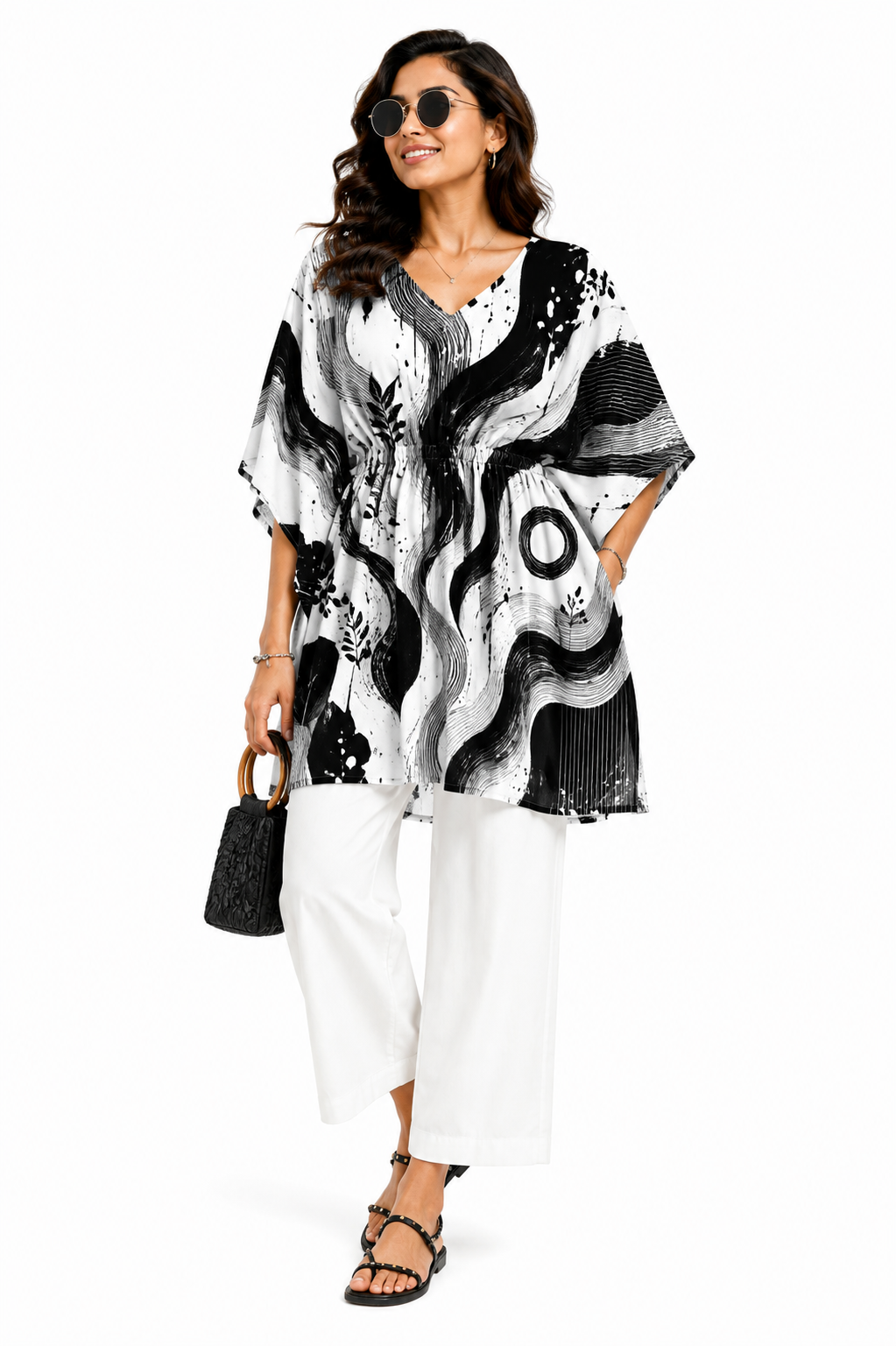 Black & White Abstract Print Kaftan Midi Dress for Women - Western Wear - back view | Qikink