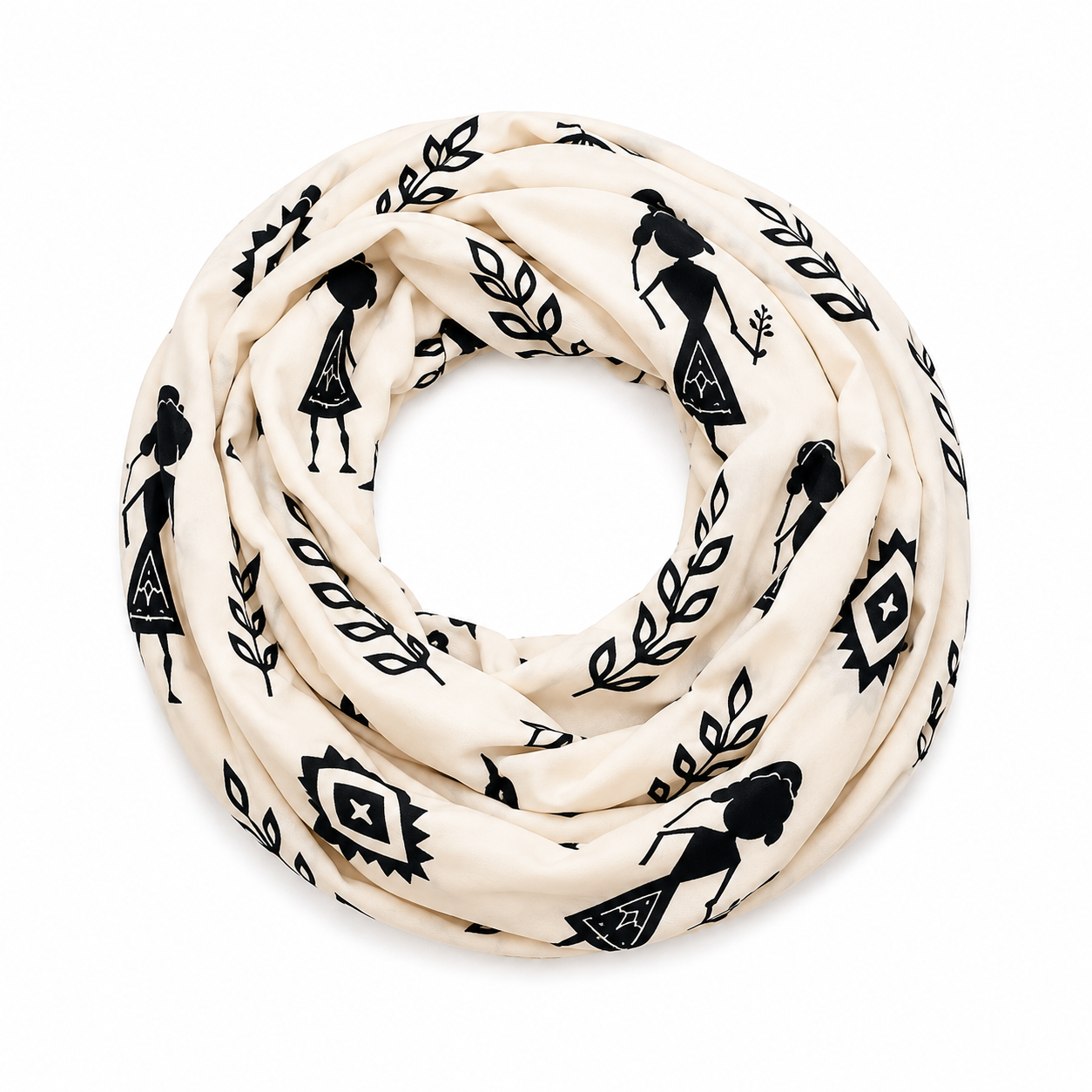 Warli Art Inspired Ivory & Black Polyspandex Stole