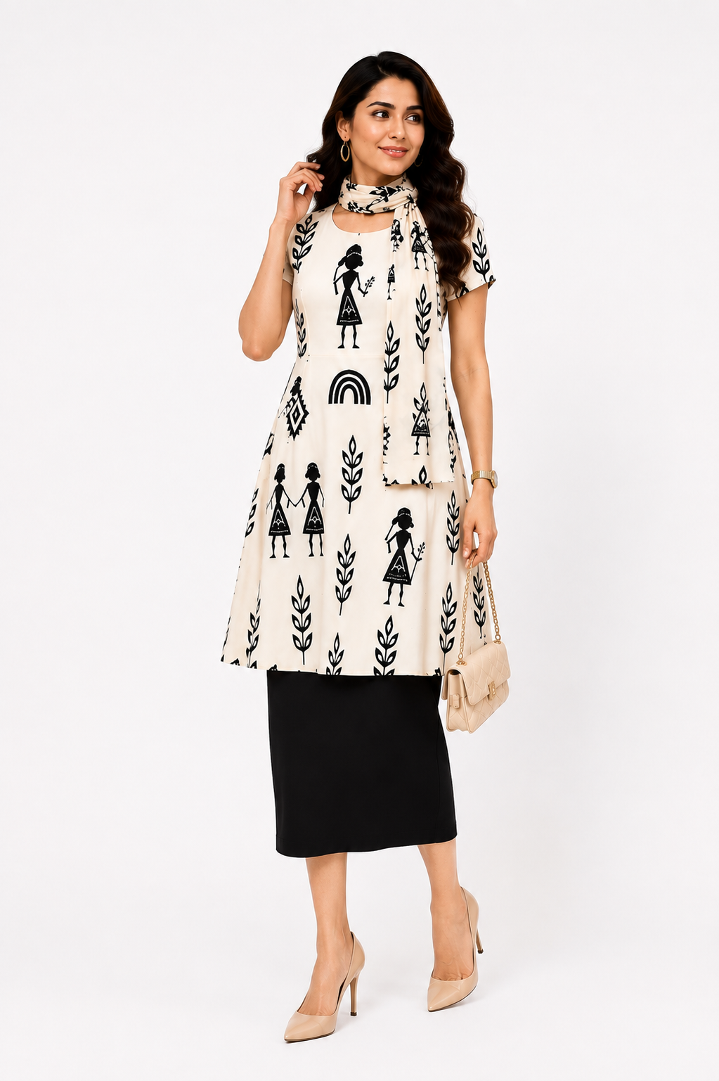 Warli Art Inspired A-Line Dress/Kurti with Matching Stole – 2-Piece Combo Set