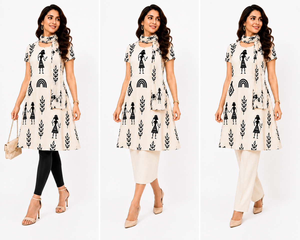 Warli Art Inspired A-Line Dress/Kurti with Matching Stole – 2-Piece Combo Set