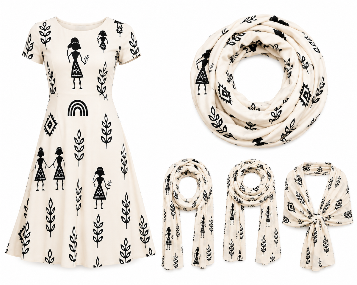Warli Art Inspired A-Line Dress/Kurti with Matching Stole – 2-Piece Combo Set