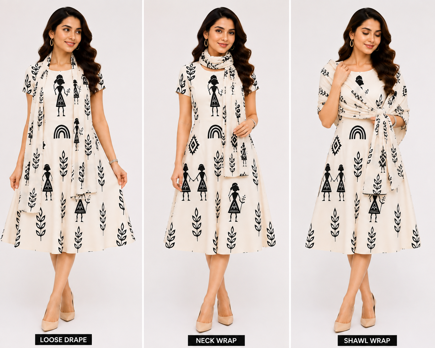 Warli Art Inspired A-Line Dress/Kurti with Matching Stole – 2-Piece Combo Set