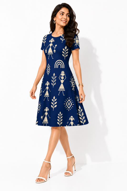 Warli Art Inspired Navy Blue A-Line Dress/Kurti