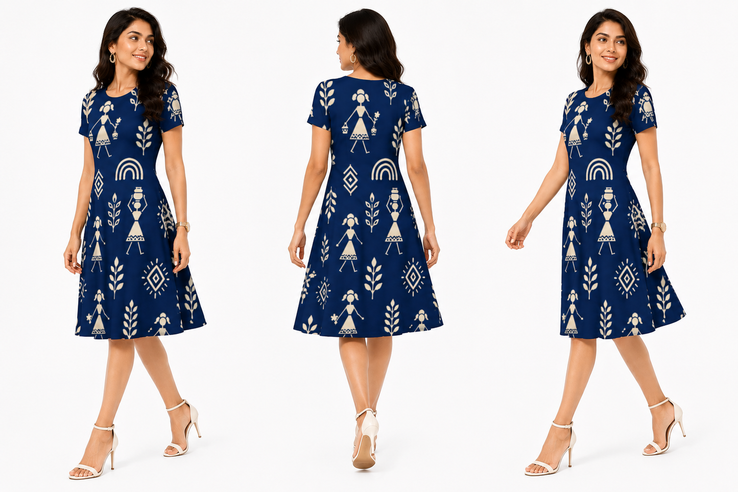 Warli Art Inspired Navy Blue A-Line Dress/Kurti