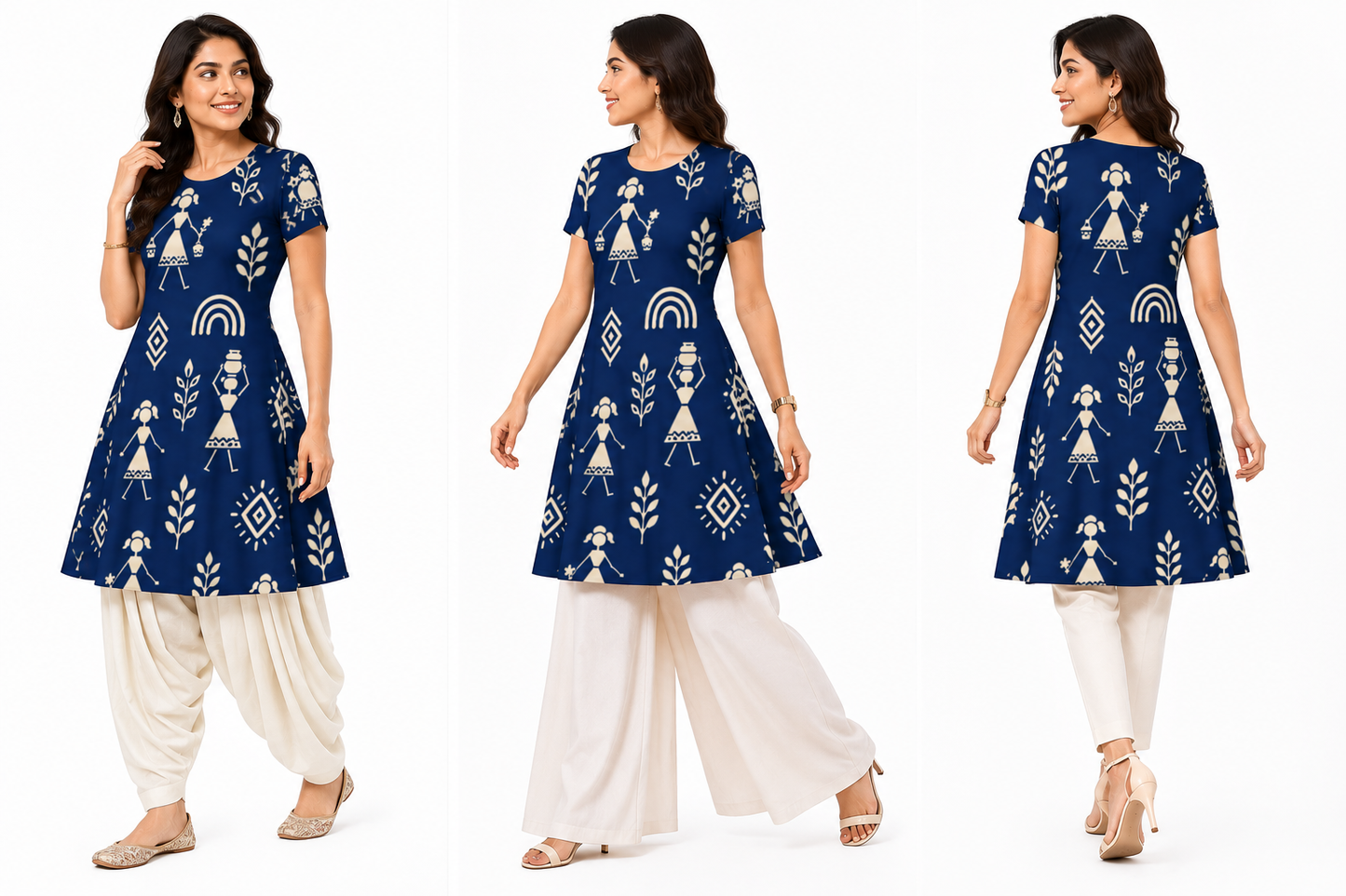 Warli Art Inspired Navy Blue A-Line Dress/Kurti
