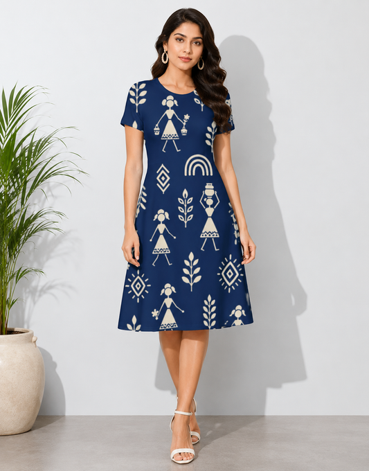 Warli Art Inspired Navy Blue A-Line Dress/Kurti
