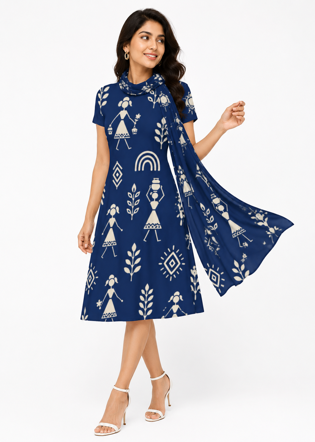 Warli Art Inspired Navy Blue A-Line Dress/Kurti with Matching Stole – 2-Piece Combo Set